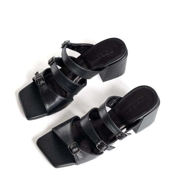 Women's Black Genuine Leather Block High Heeled Sandals, Square Open Toe Party - Picture 1 of 8